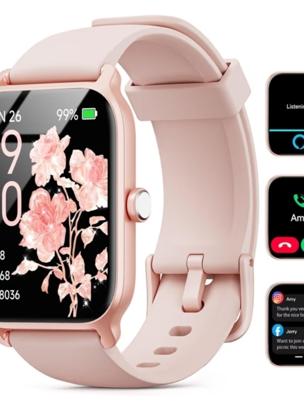 Rose Pink Silicone Smartwatch with Heart Rate & Notifications
